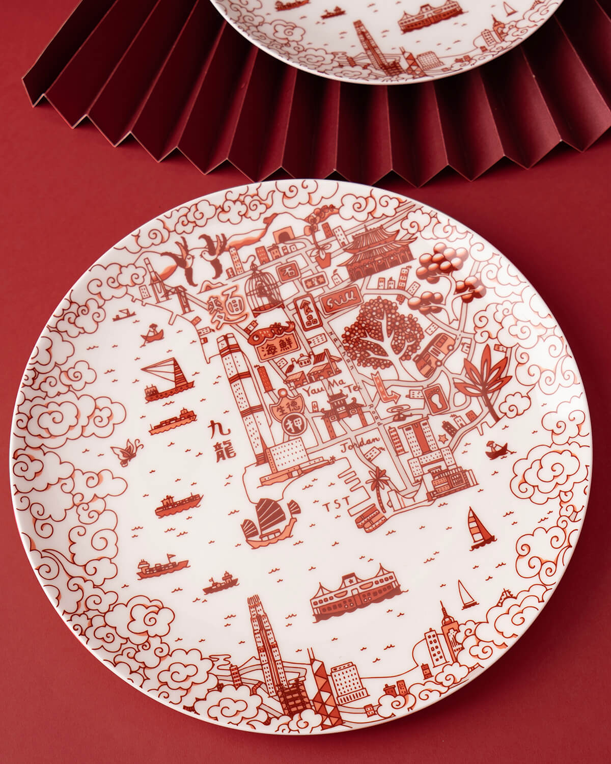 Faux - 九龍傳統圖案（Willow）10.5寸餐碟（一套4件）- 紅色