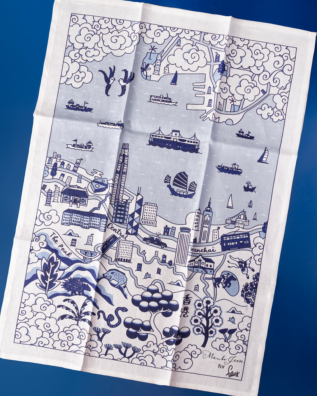 Faux Hong Kong and Kowloon Willow Tea Towel - Blue