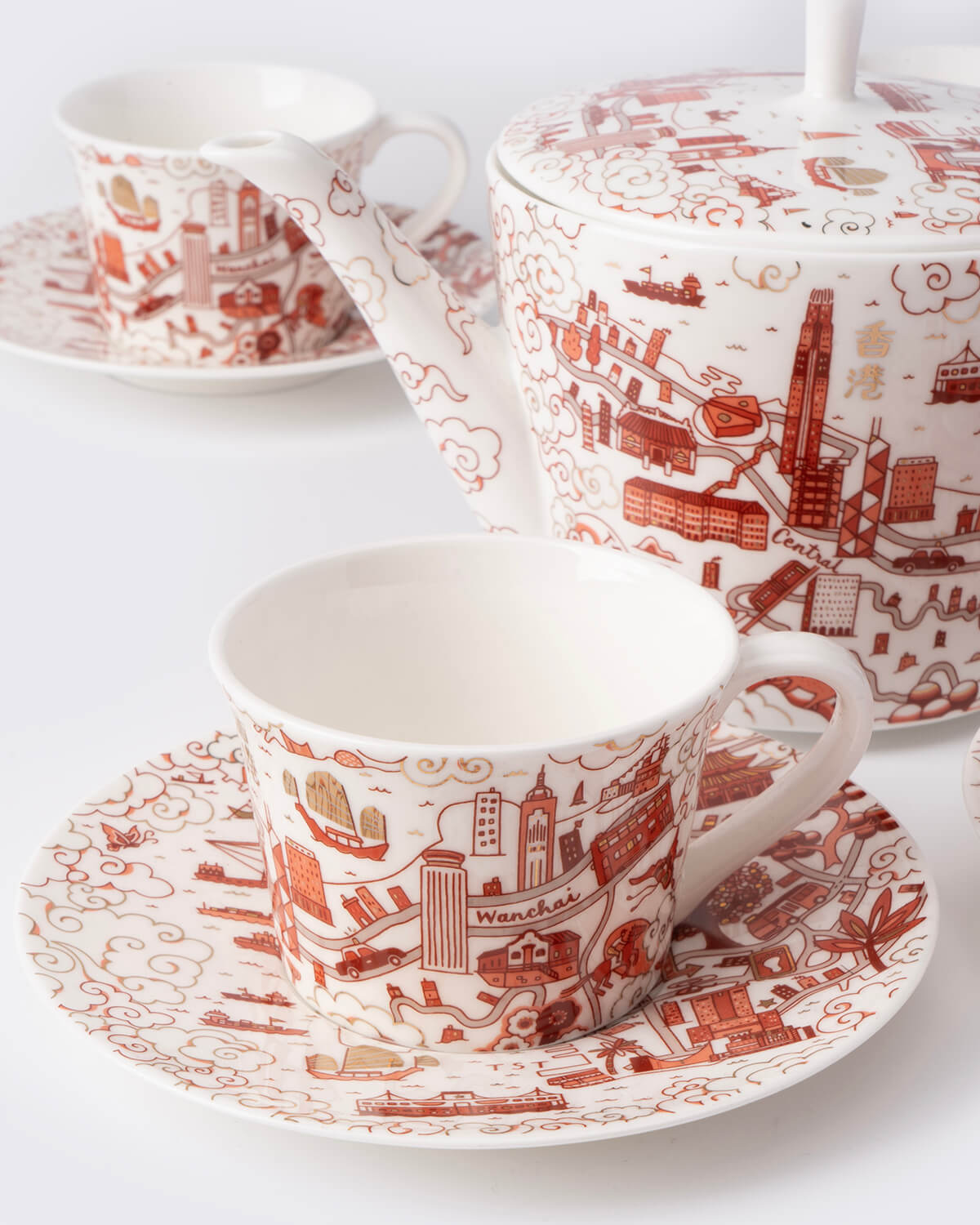 Faux Hong Kong and Kowloon Willow Tea Set - Red & Gold