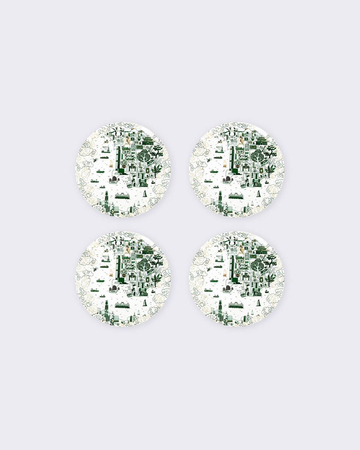 Faux Kowloon Willow 8" Starter Plates (Set of 4) - Green & Gold 