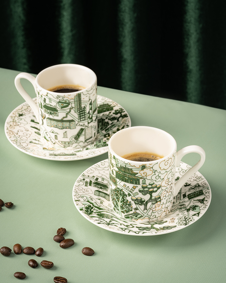 Faux Hong Kong & Kowloon Willow Espresso Cups & Saucers (Set of 2) - Green & Gold 