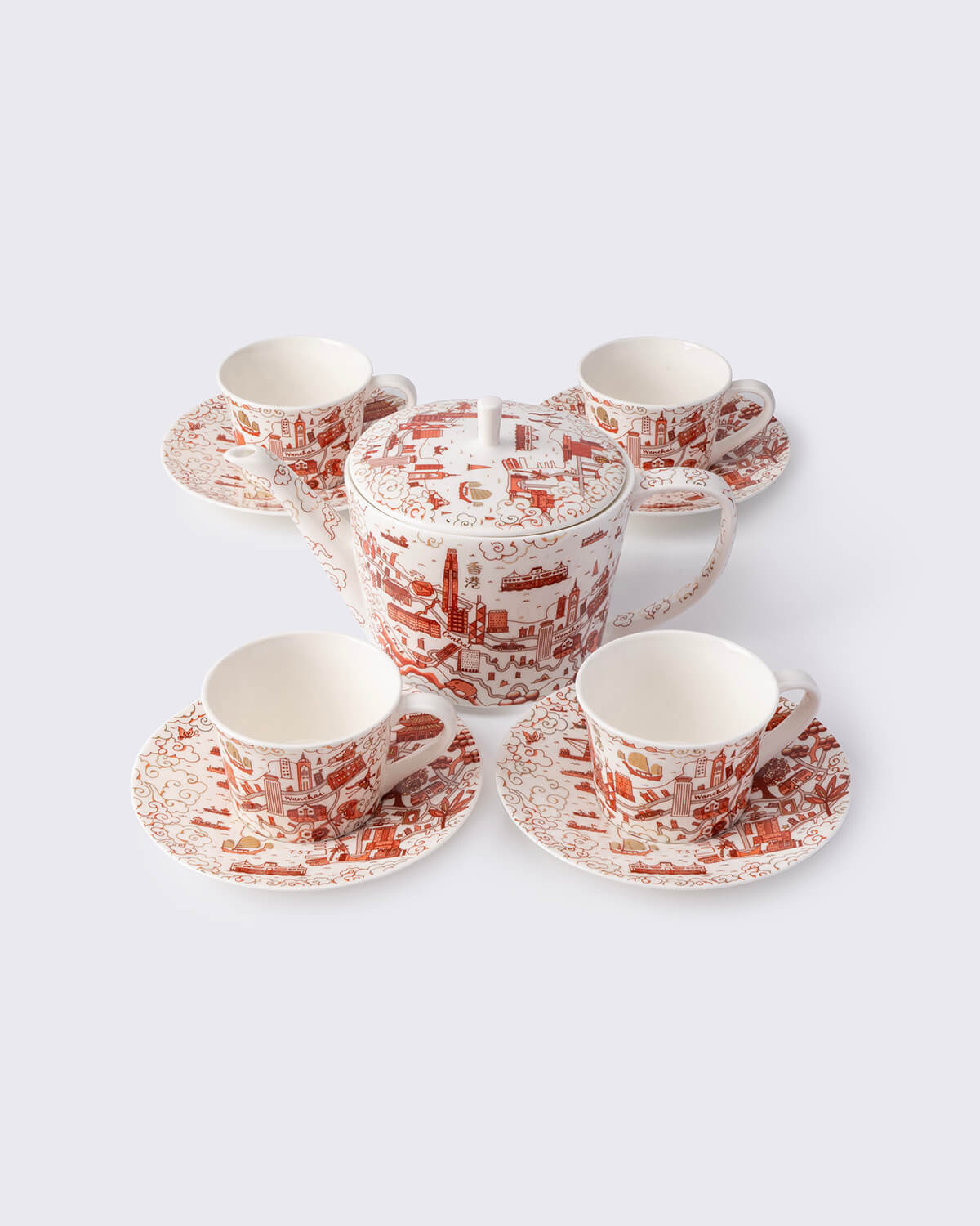 Faux Hong Kong and Kowloon Willow Tea Set - Red & Gold