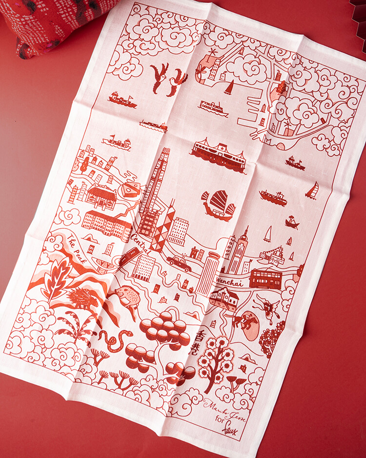 Faux 香港與九龍傳統圖案Willow 茶巾 - 紅色