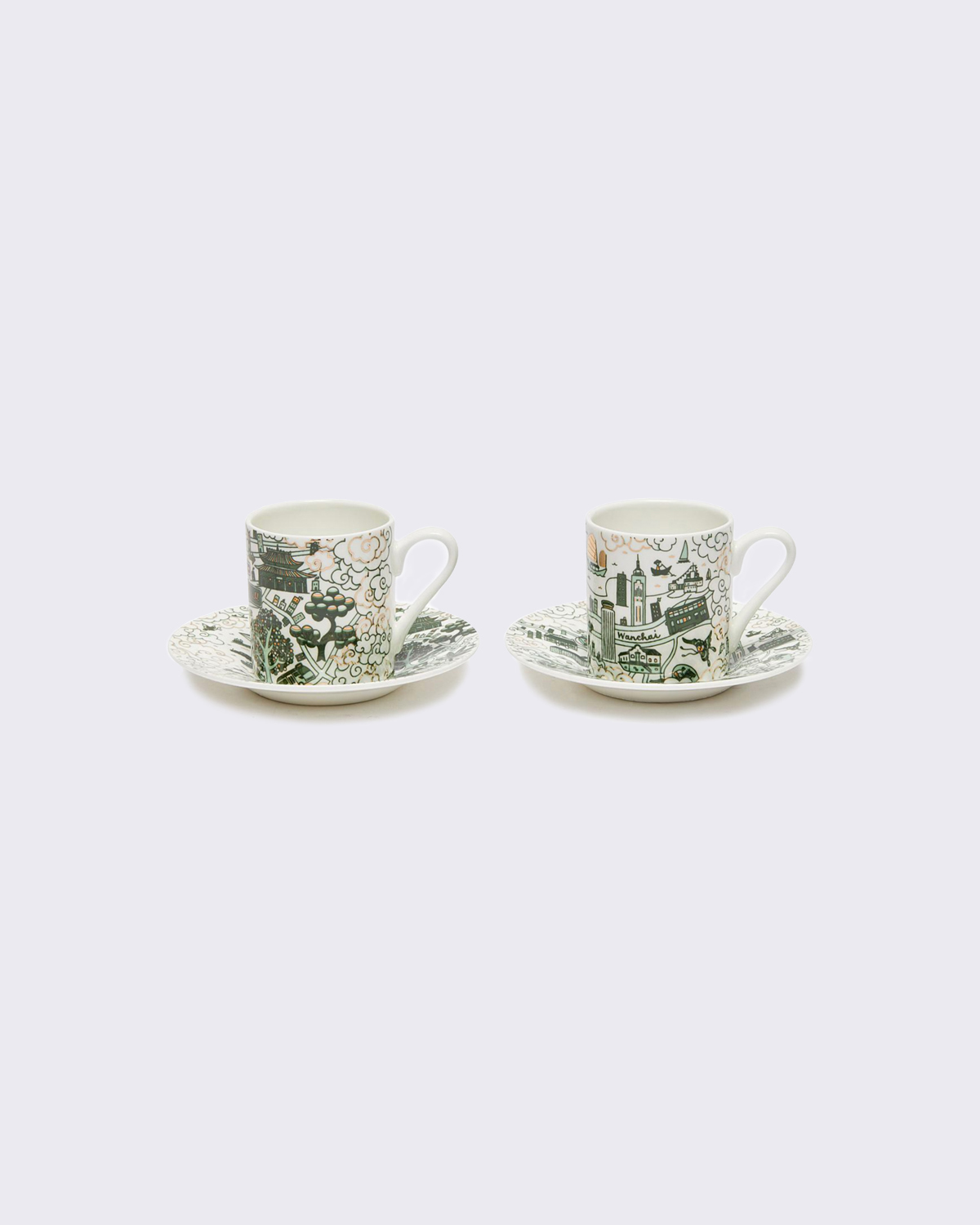 Faux Hong Kong & Kowloon Willow Espresso Cups & Saucers (Set of 2) - Green & Gold 