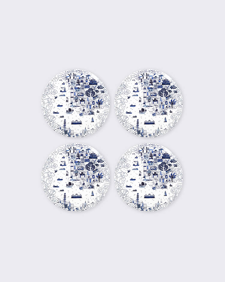 Faux - 九龍傳統圖案（Willow）10.5寸餐碟（一套4件）- 藍色