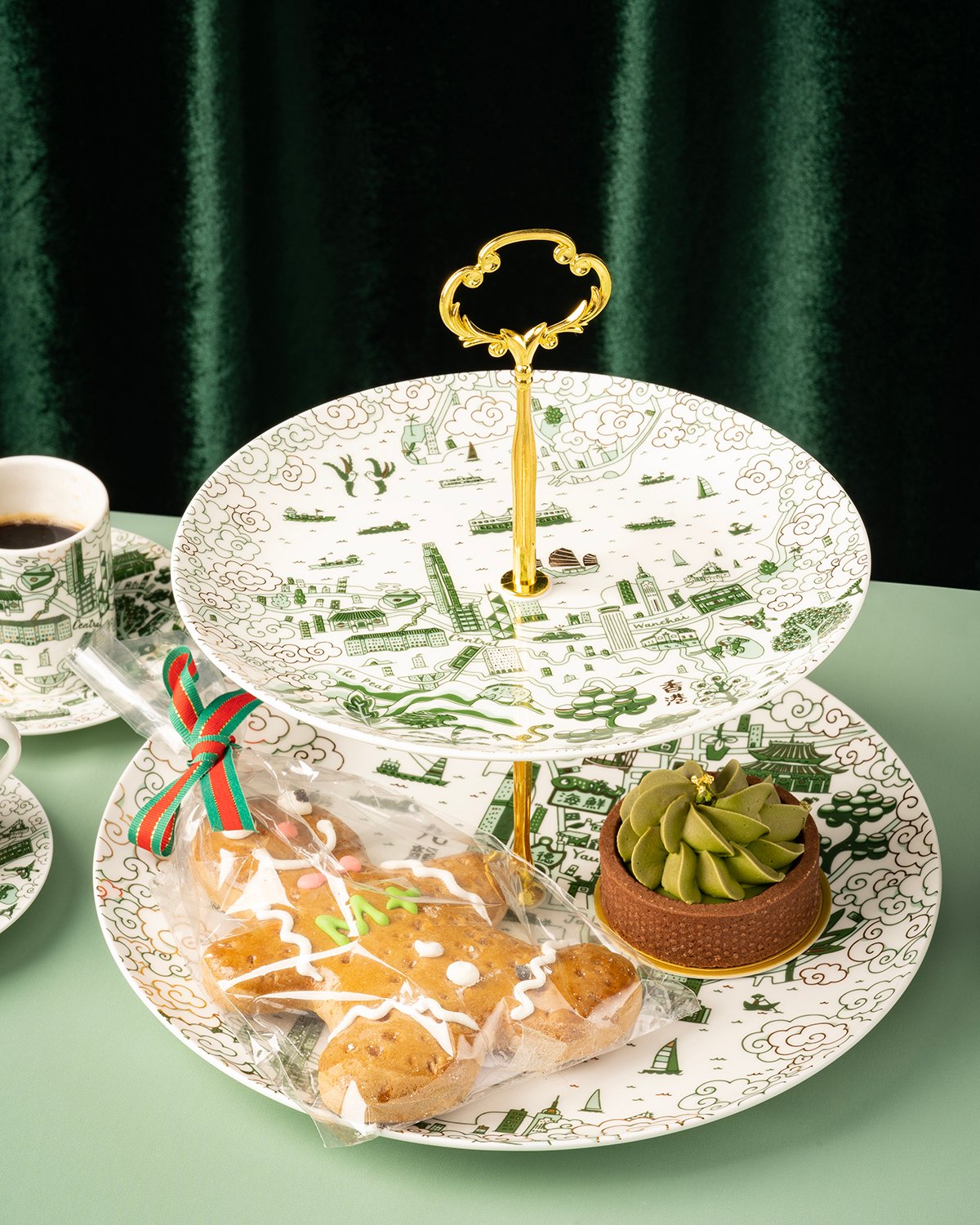 Faux Hong Kong and Kowloon Willow Cake Stand - Green & Gold 