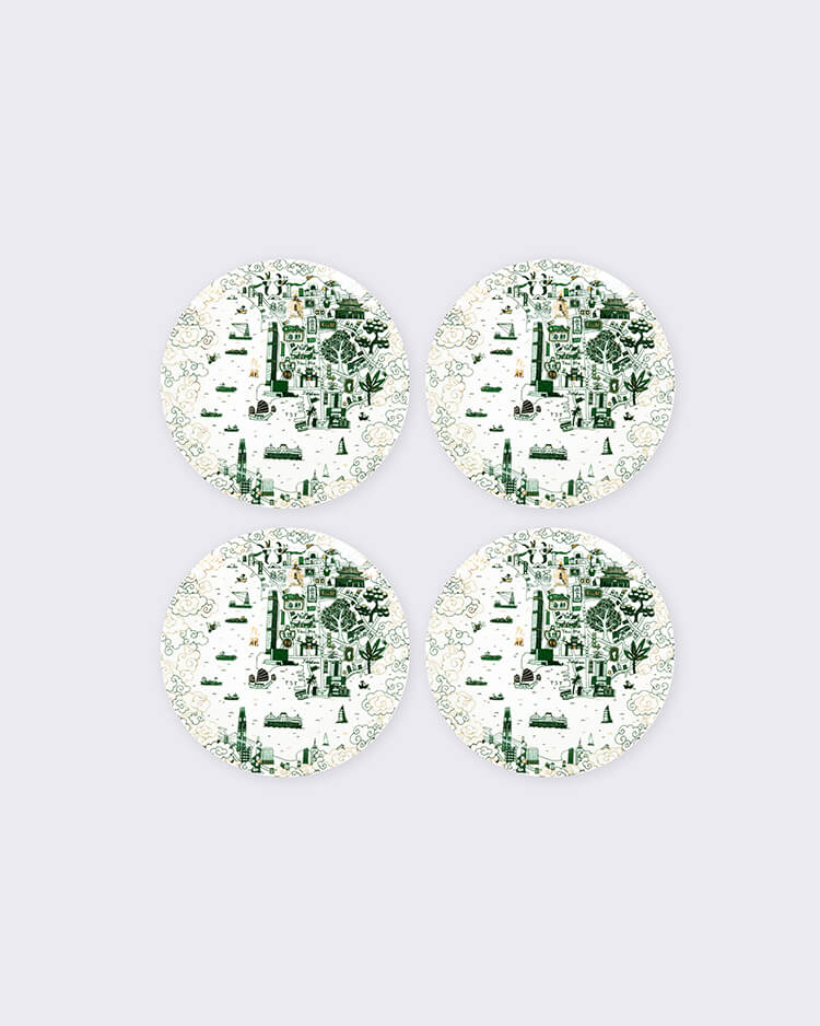 Faux Kowloon Willow 10.5" Dinner Plates (Set of 4) - Green & Gold 