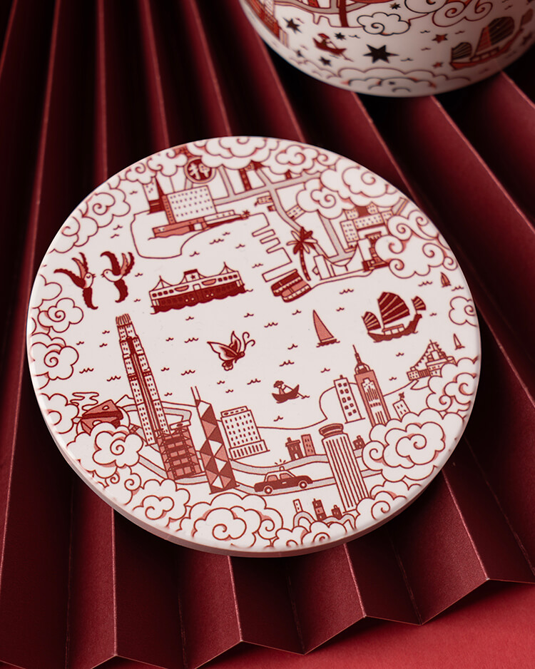 Faux 香港與九龍傳統圖案Willow 杯墊（一套4件）- 紅色