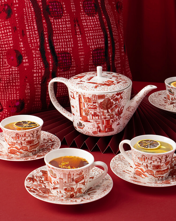 Faux 香港與九龍傳統圖案Willow 茶具套裝 - 紅色與金色