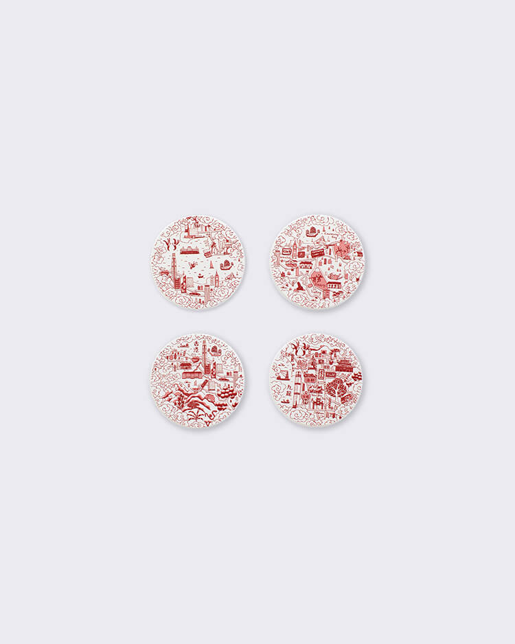 Faux 香港與九龍傳統圖案Willow 杯墊（一套4件）- 紅色