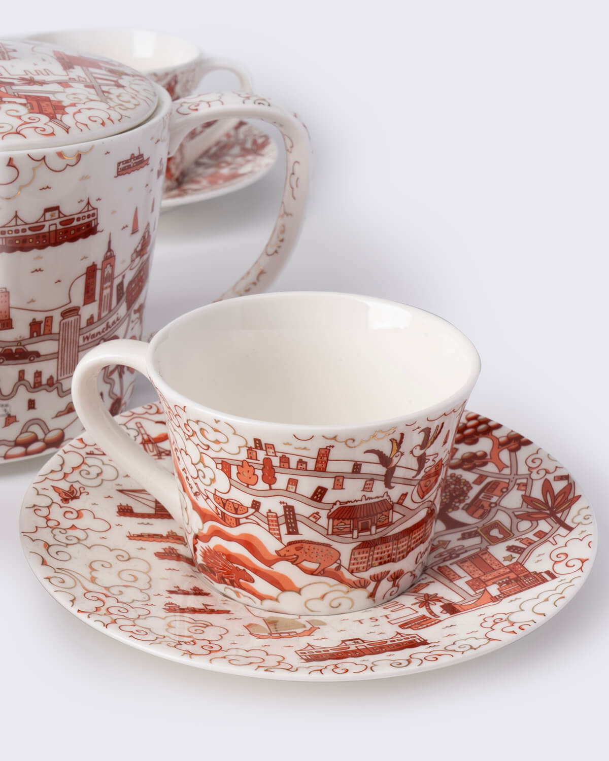 Faux Hong Kong and Kowloon Willow Tea Set - Red & Gold